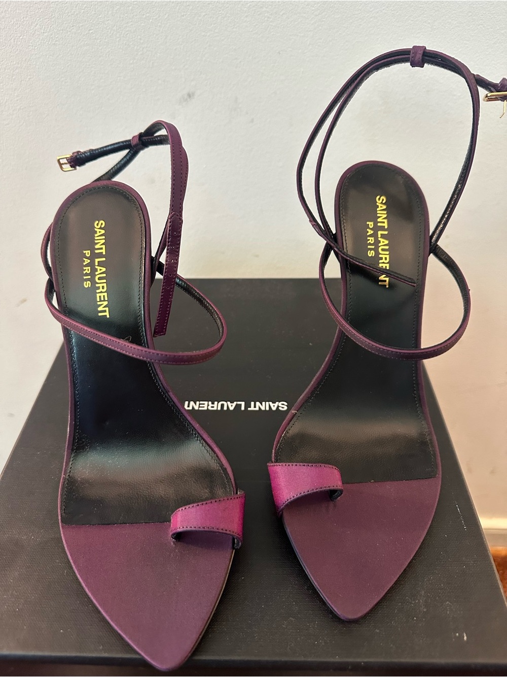 Saint Laurent Plum Satin Strappy Pointed-Toe Heels